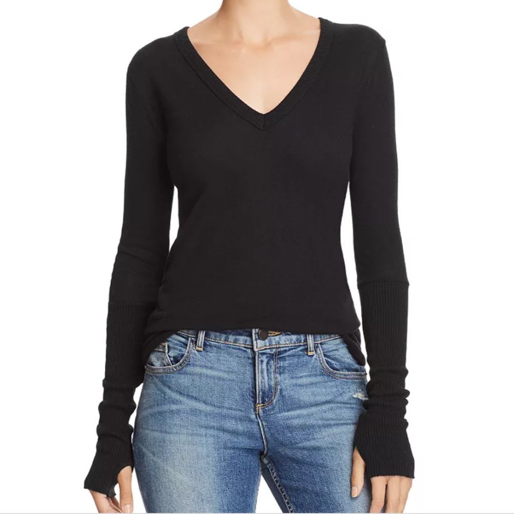 Enza Costa Cashmere Fitted Cuffed Long Sleeve V Neck